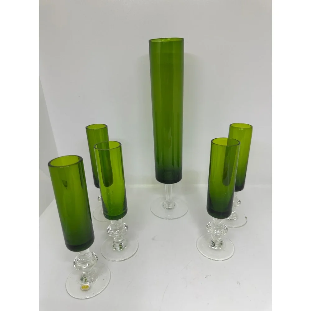 VTG Japan Glass Cordial Set Green Mid Century Modern Cylinder Stemware 6pc Set